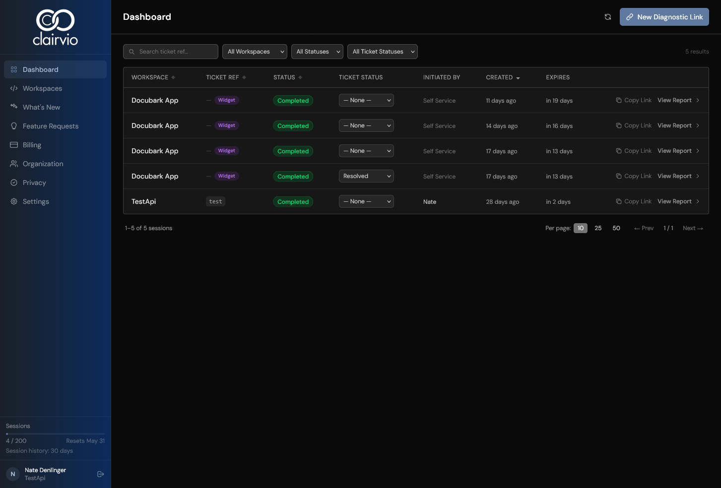 Clairvio agent dashboard showing a live session with DOM replay, console errors, and network requests timestamped on the same timeline
